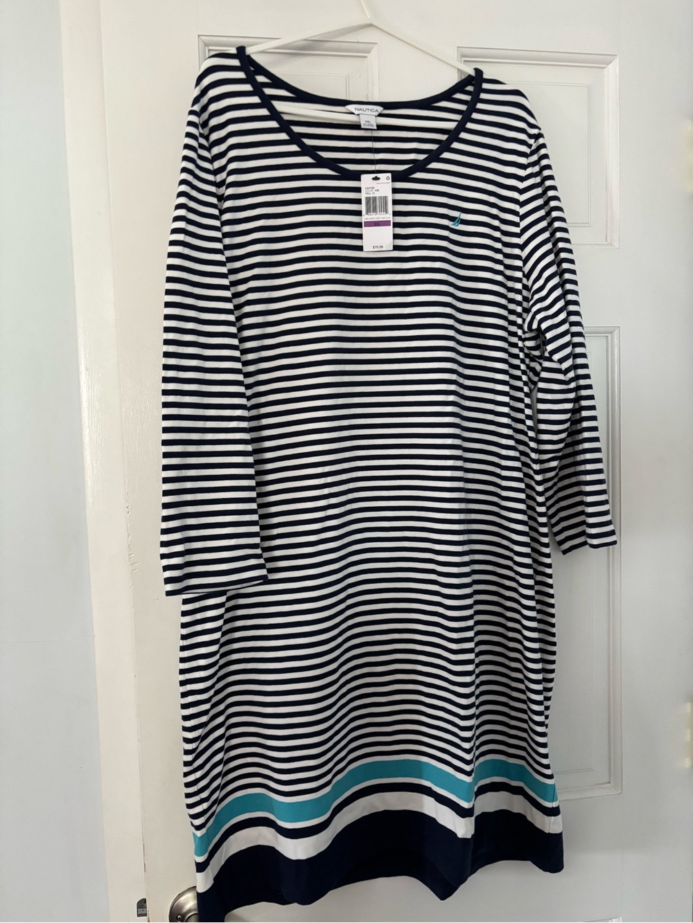 Nautica Women's Navy & White Striped Long Sleeve Dress with Teal Hem